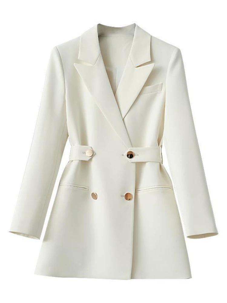White Women‘s Suit Jacket Autumn Fashion Chic Double Breasted Slim Suits with Belt Vintage Office Blazer for Women Elegant 2022
