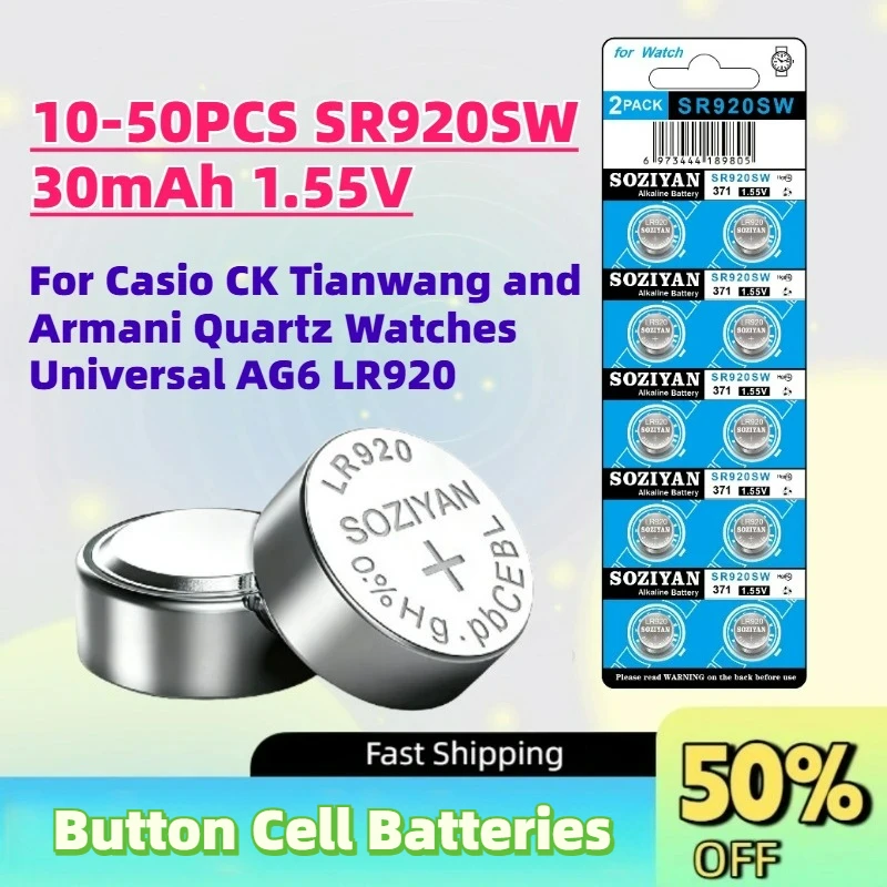 Фото Новые 10-50 шт. батареек SR920SW 30 мАч 1,55 В для кварцевых часов Casio CK, Tianwang и Armani, универсальные AG6 LR920 №1