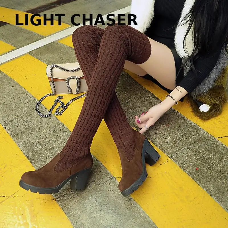 Купи Sexy High Boots Women 2023 Winter New Fashion Over The Knee Warm Botas Mujer knitting Lace Up Pumps Sock Shoes High Heels Boots за 833 рублей в магазине AliExpress