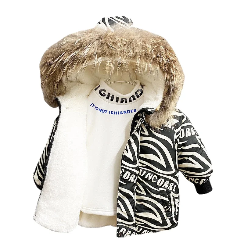 

Winter Girls Boys Warmth Fleece Zebra Striped Detachable Fur Long Snow Jackets Baby Coat Kids Parka Child Outfits 1-9 Yrs Cotton
