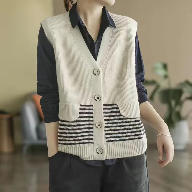 Свитер с v-образным вырезом жилет женский топ весенне-осенний вязаный в полоску