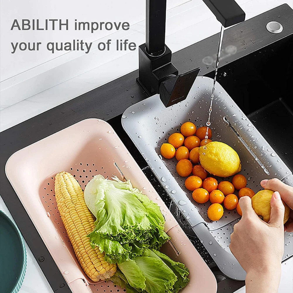 

Vegetable Fruit Basket Sink Drain Basket Rack Dish Drainer Adjustable Kitchen Drying Retractable Washing Organizer