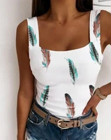 chaxiaoa 1 piece womens summer 2022 feather print ribbed tank basics skinny top