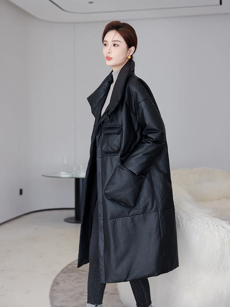 Кожаное пальто верхняя одежда для женщин новинка 2024 кожаный пуховик с мехом Haining