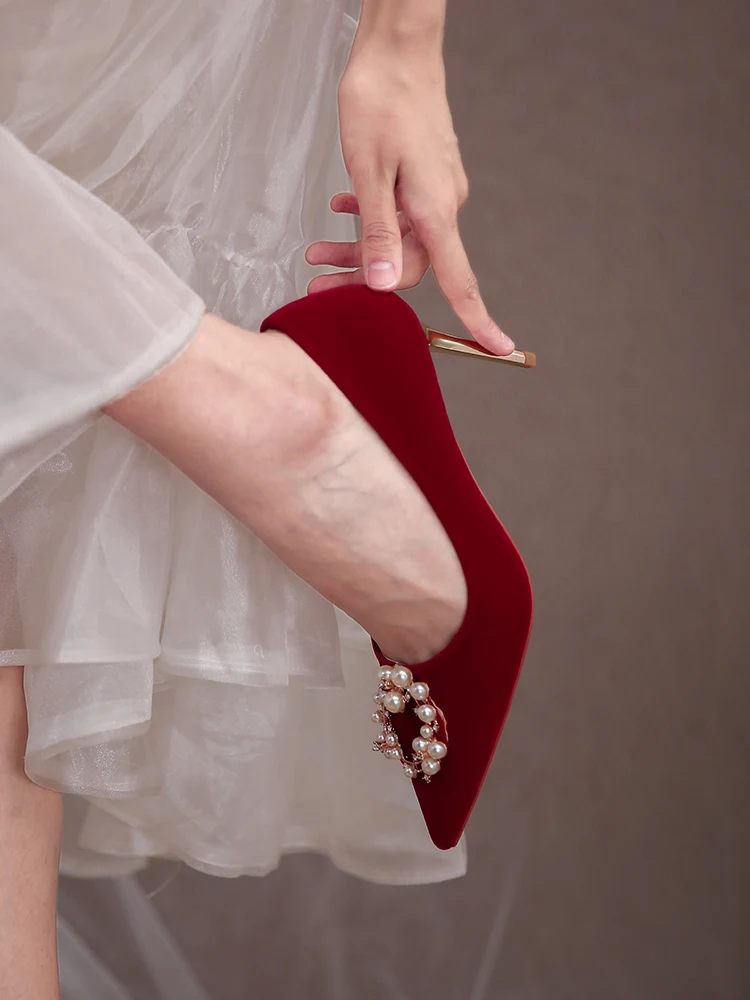 Wedding Shoes 2021 New Wine Red Pearl High Heels Women's Wedding Shoes Bride's Shoes Wedding Dress Red Shoes