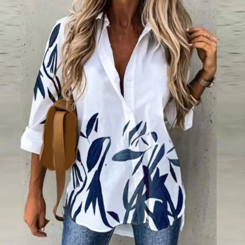 

Women Shirt Lapel Collar Printing Surface Long Sleeve Loose Large Long Casual Top for Outdoor