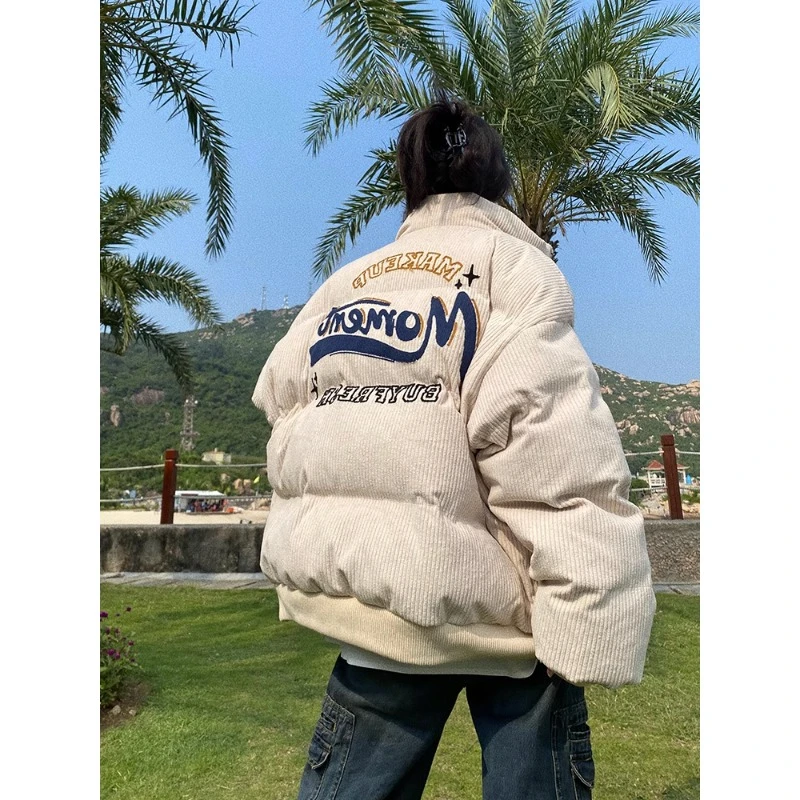 

Американская винтажная Вельветовая куртка с вышивкой, Мужская и Женская Студенческая зимняя свободная стеганая куртка