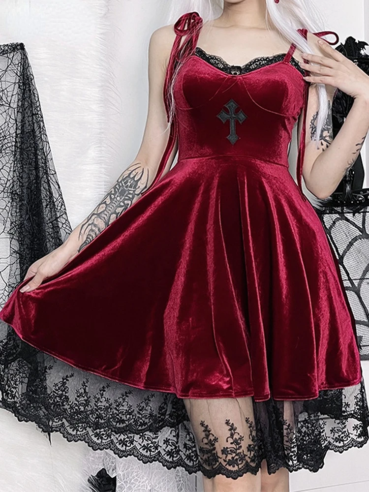 

Velvet Dress Lace Up Gothic Cross Embroidery Fairy Grunge Lace Folds Patchwork Sexy Sleeveless A Line Partywear Dresses