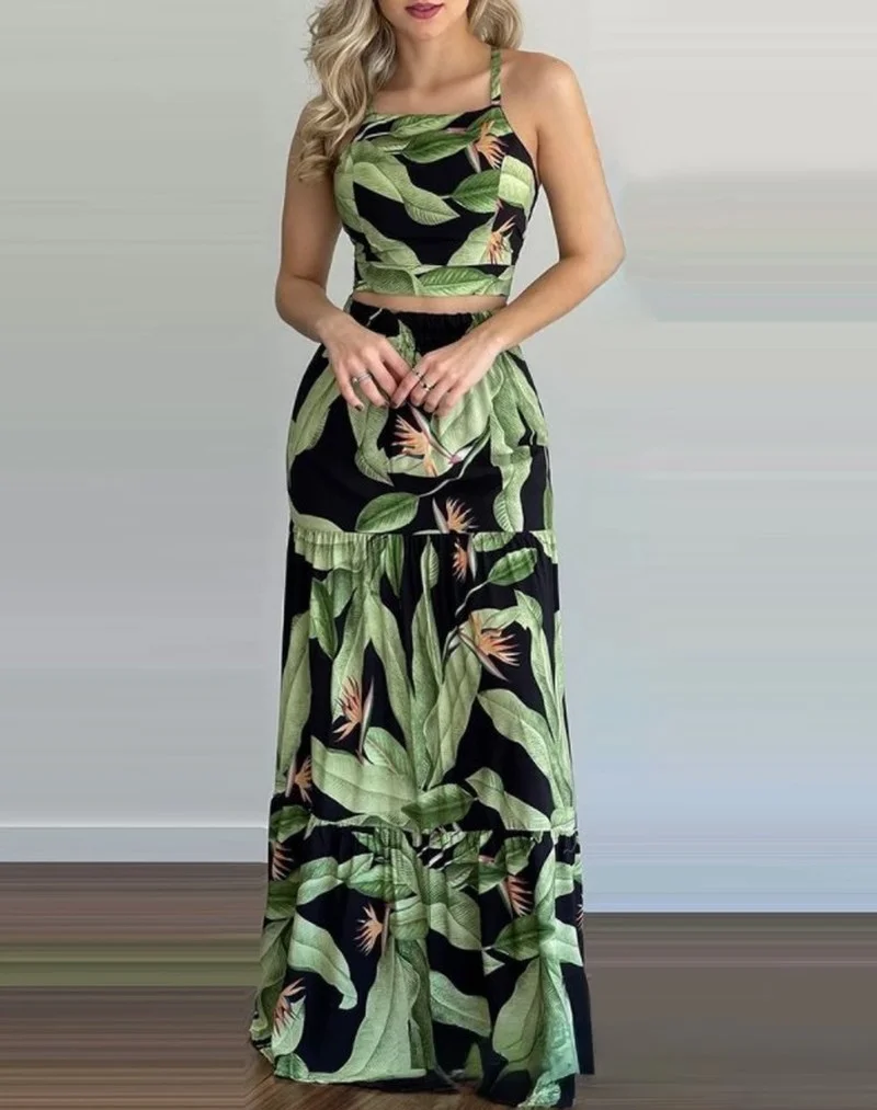 

Женский Повседневный костюм из двух предметов, Блестящий верх и длинная юбка с зеленым растительным принтом, весна-лето