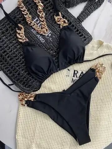 Soft Comfortable Fabric Bikini Set With Plastic Chain Summer S-XL Entry Luxury Swimsuit Women's Two Piece Bathing Suit Beachwear