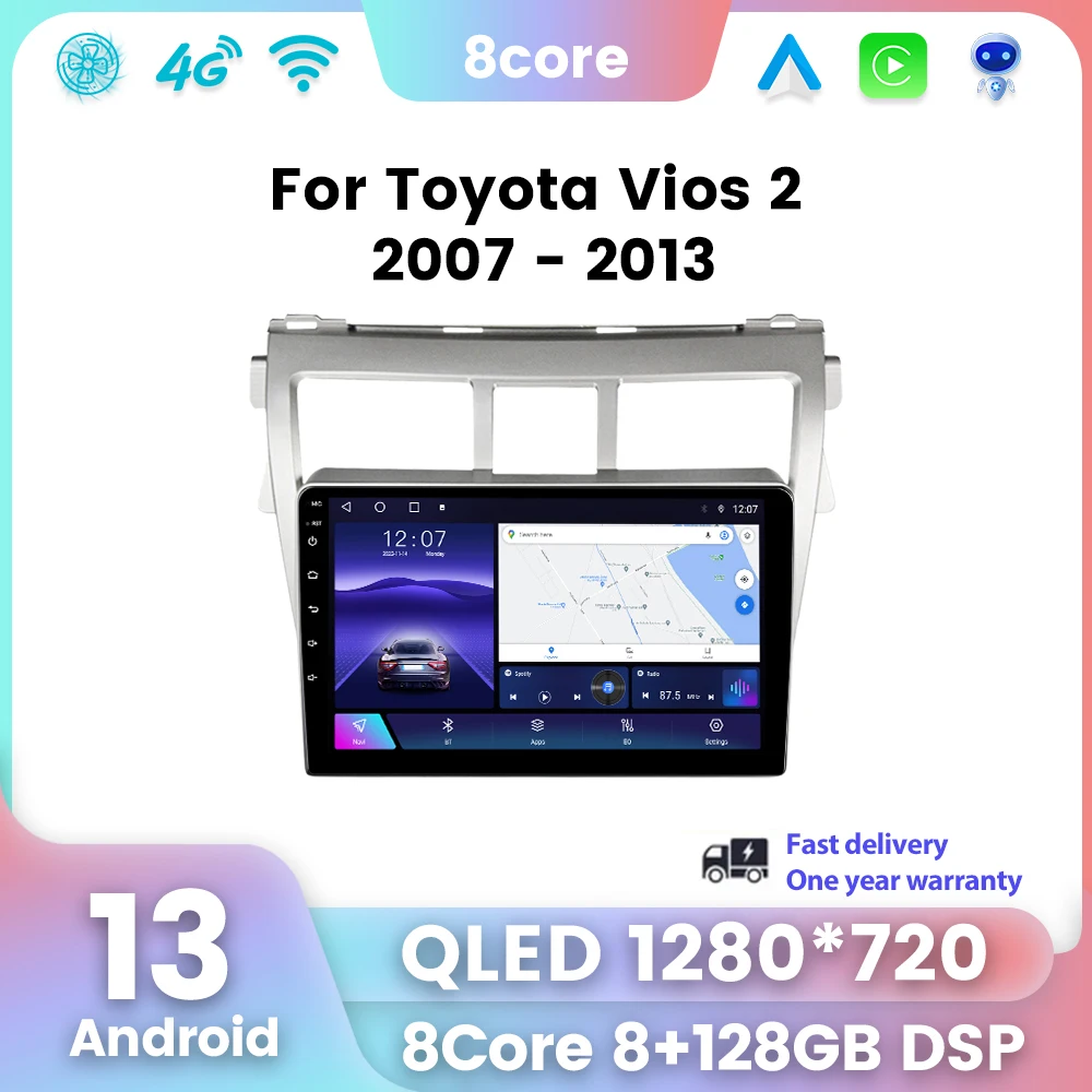 Автомобильный Мультимедийный Плеер Android 11 Для Toyota Vios 2 2007-2013 GPS-навигация Wi-Fi 2K QLED