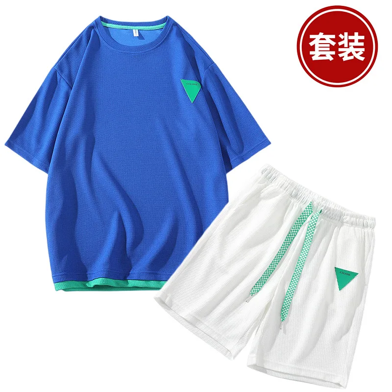 Waffle Casual Suit Men's Summer Short Sleeve T-shirt Men's Suit with Handsome Fashion Brand Sports Tops