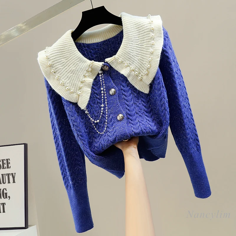 

Женский вязаный кардиган, однобортный Кардиган контрастных цветов с кукольным воротником и цепочкой с бусинами, весна 2022