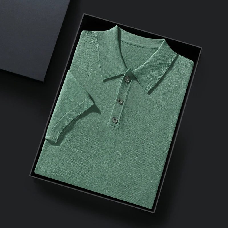 Men's PoLo Neck cashmere Thin Short Sleeve Fashion Casual Cashmere T-Shirt Business Thin Cashmere Top