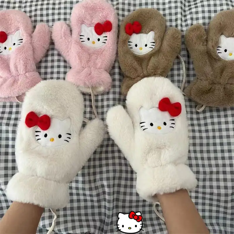 Sanrio Hello Kitty Gloves Warm Soft Plush Fashion Full Fingers Autumn Winter Women Thicken Gloves Cartoon Student Girls Gifts