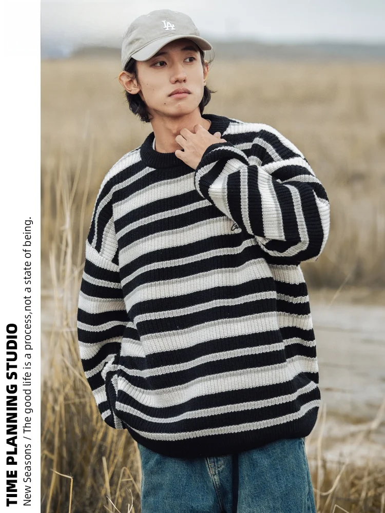 План времени винтажный контрастный цвет толстый полосатый свитер мужской