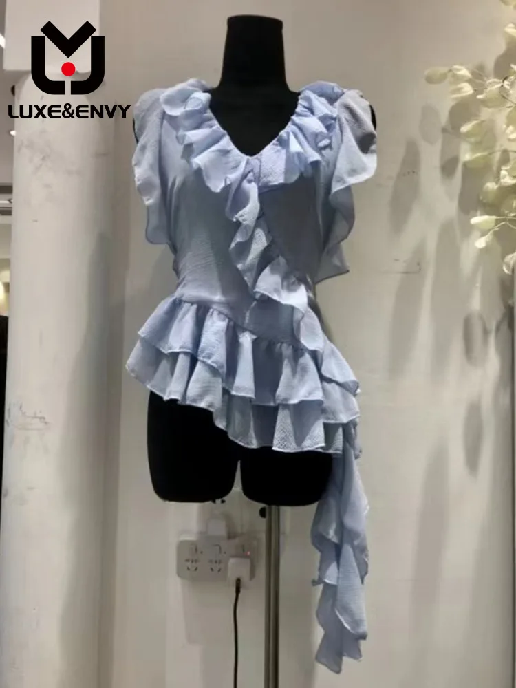 

LUXE&ENVY 2023 Summer New Fashionable And Fashionable Ruffle Lace Up Neck V-neck Strap Style Sleeveless Chiffon Top