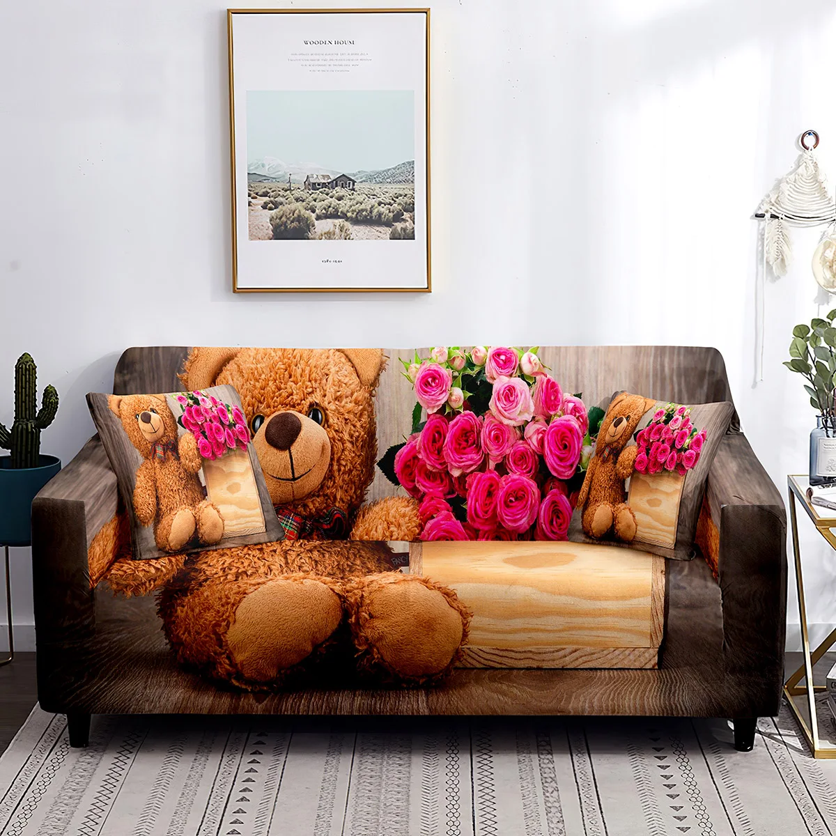 Stuffed Bear Sofa Cover Cute Toy Brown Animal Rose Pattern Non Slip Washable Furniture Protector for Living Room Couch Covers