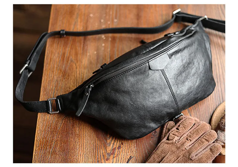 Simple casual luxury natural real leather men large-capacity black chest bag outdoor daily retro soft cowhide teenager waist bag