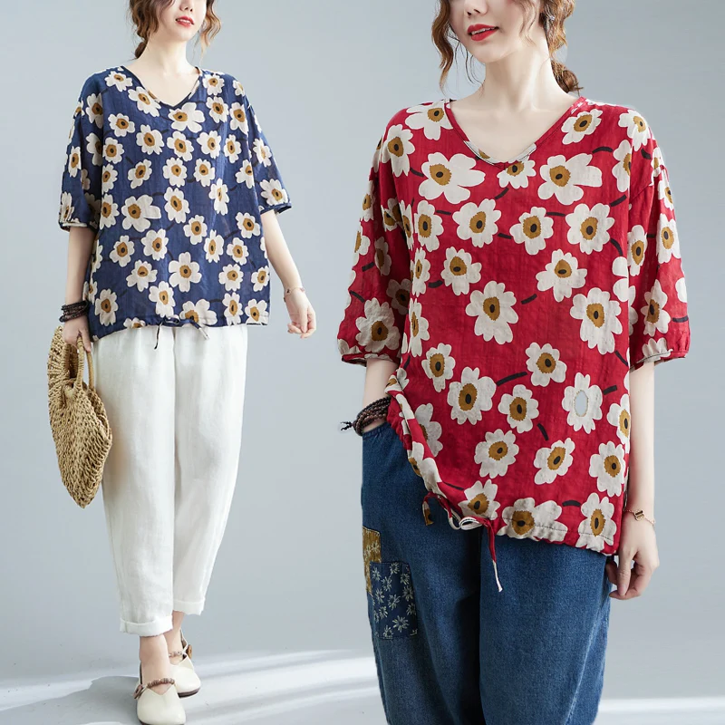 

Cotton Linen Printed V-neck T-shirt Bandage Loose And Versatile Top Women's Literature And Art Age Reduction Shirt Short Sleeve