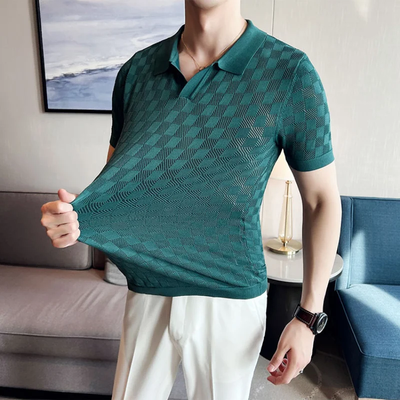 

2024 Summer Knitted Plaid Polo Shirt Men Solid Color Short Sleeve Casual T-shirts Slim LapelBusiness Social Polos Tee Tops