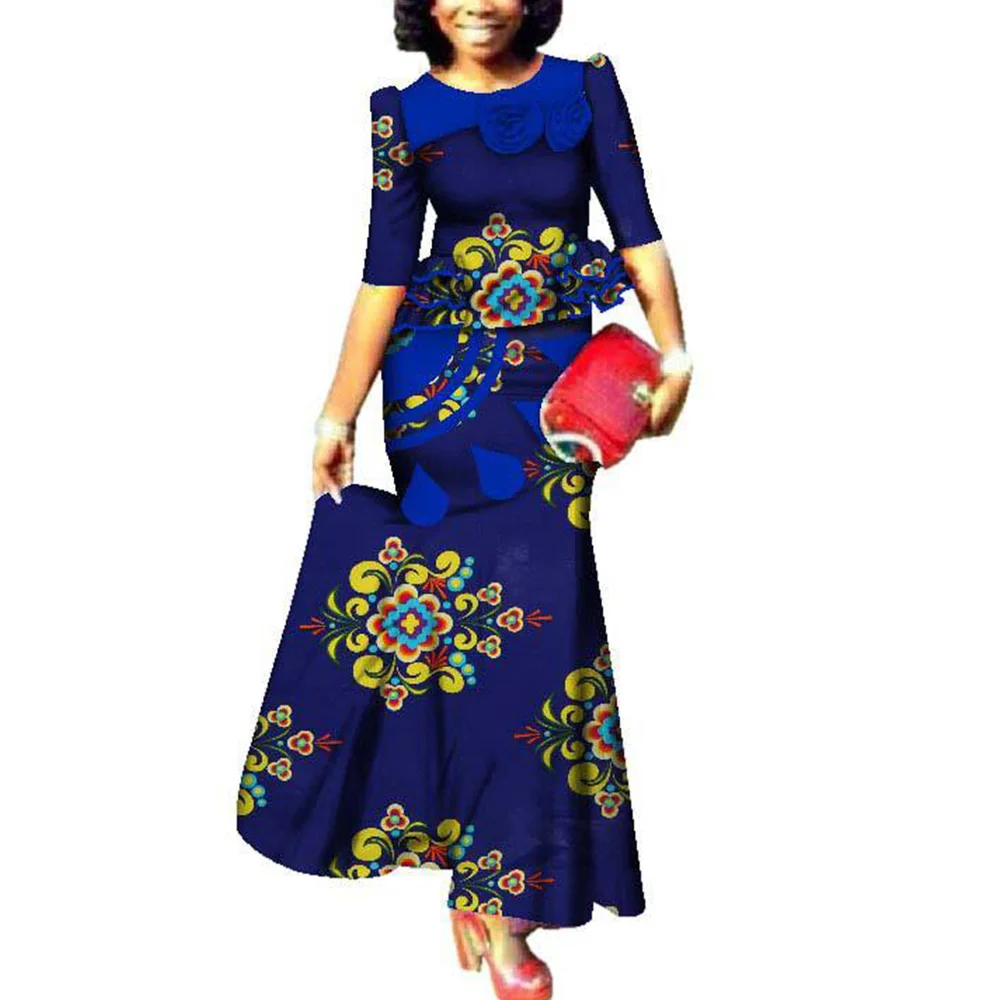 

Женский комплект из двух предметов, элегантный укороченный топ с оборками и юбка с разрезом, юбка в африканском стиле, Дашики, свадебные комплекты с юбкой-годе на заказ