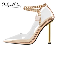 onlymaker womens pointed toe sandals gold metal chain lock ankle strap metal thin high heels pvc pumps elegant wedding pumps