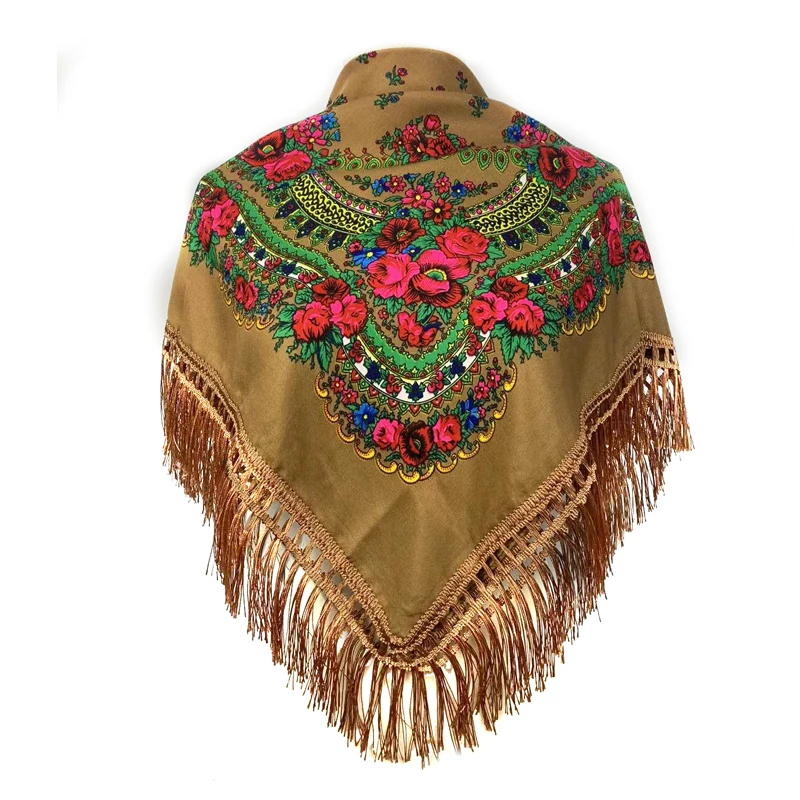 

Floral Printed Fringed National Scarf Retro Handkerchief Women's Square Headscarf Tassels Bandana Russian Shawls Female Headwrap