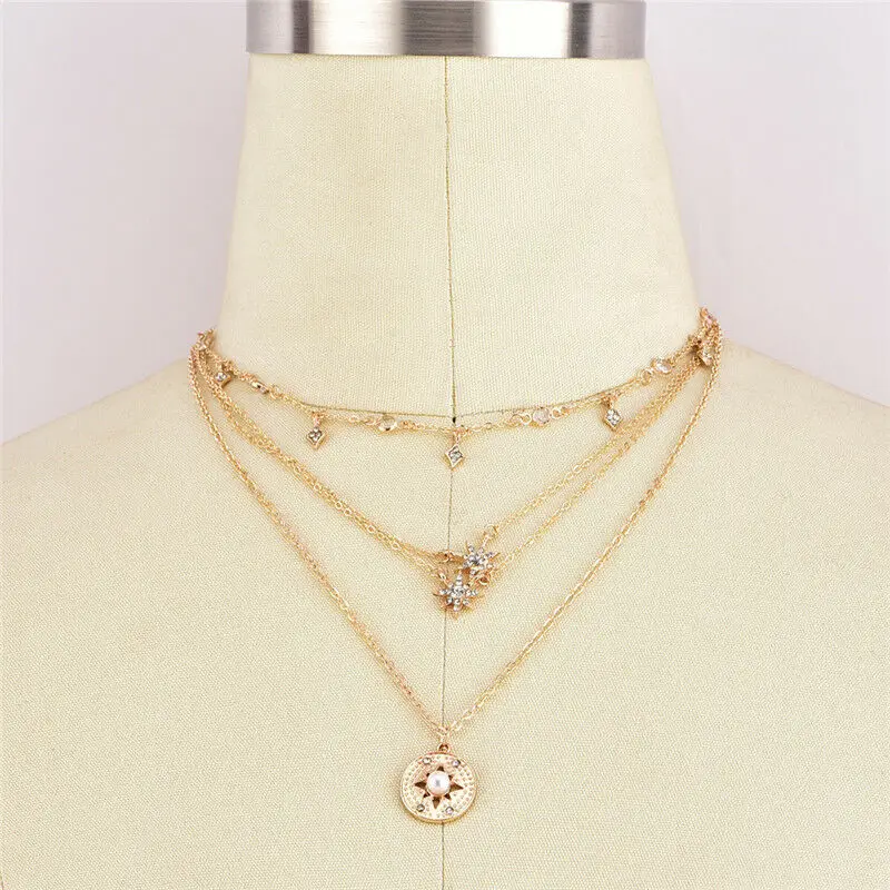

Vintage Women Multi-layered Star Moon Pearl Pendant Necklace Clavicle Chain New Simple Jewelry