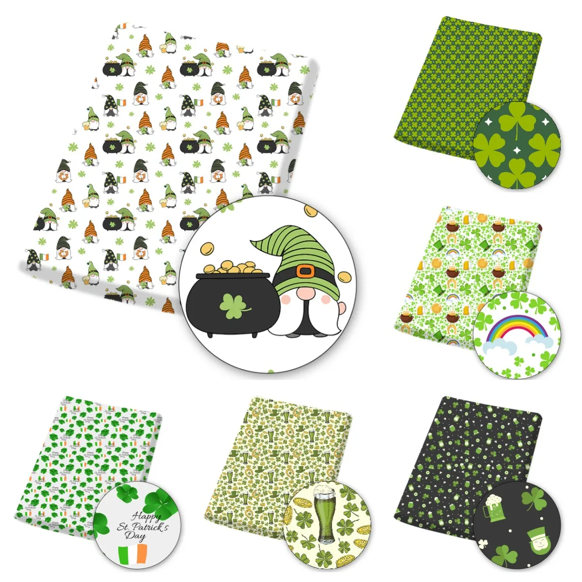 

90*140cm St. Patrick's Day Green Themed Fabrics Shamrocks and Green Leprechauns Patterns Fabrics By The Meter DIY Sewing Fabric