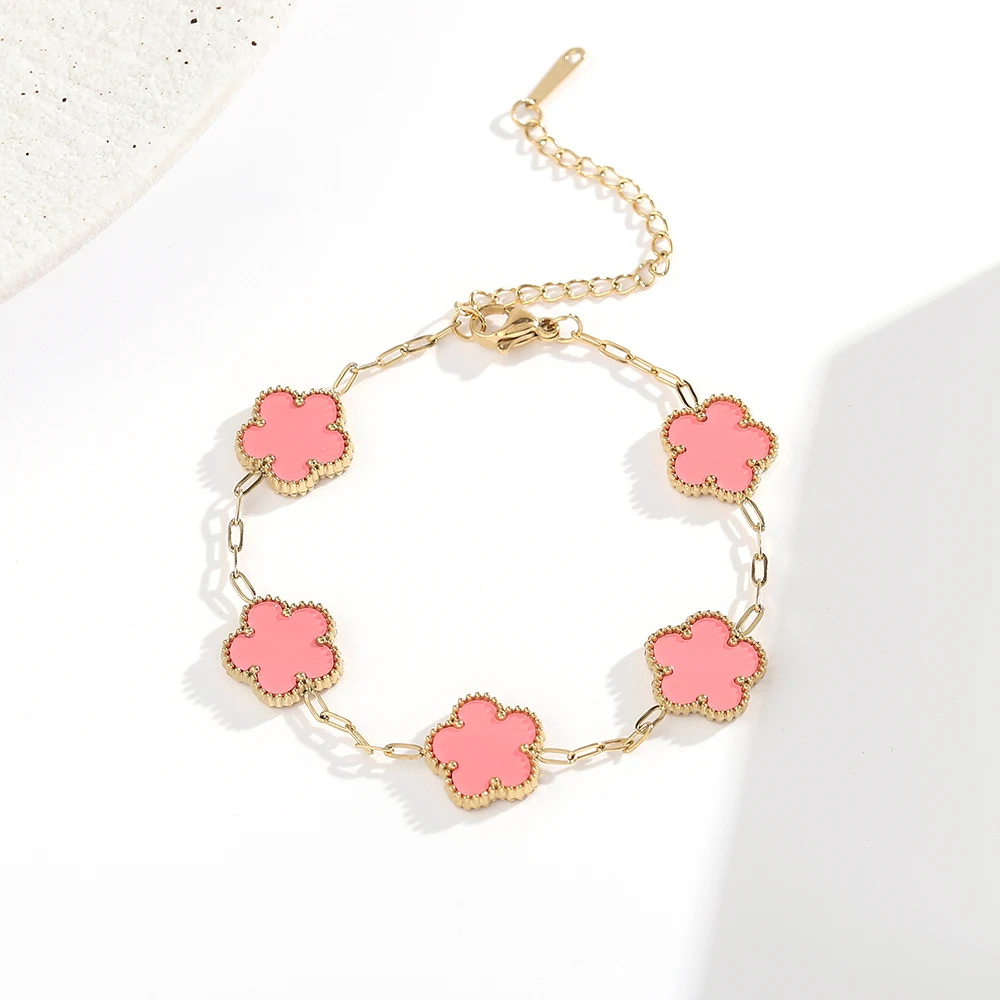 Luxury Five Flowers Charm Bracelet Double Side Shell Bracelets Gold Plated Stainless Steel Fashion Jewelry for Women Party Gift