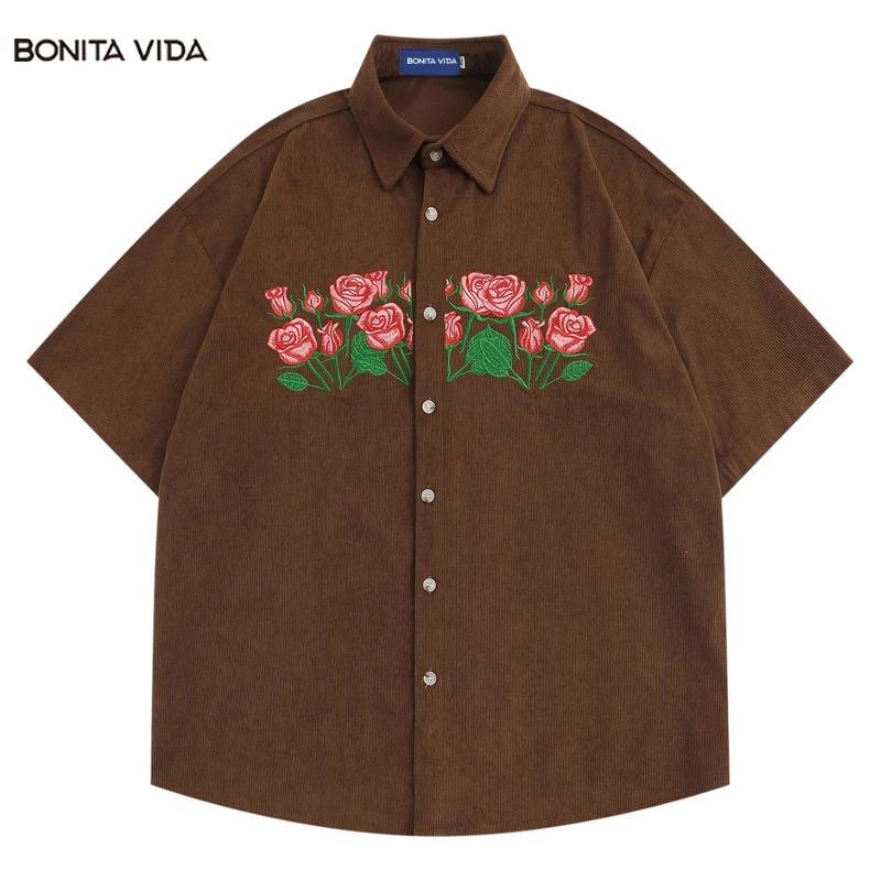 Harajuku Fashion Casual Short Sleeve Shirt Brown Blue