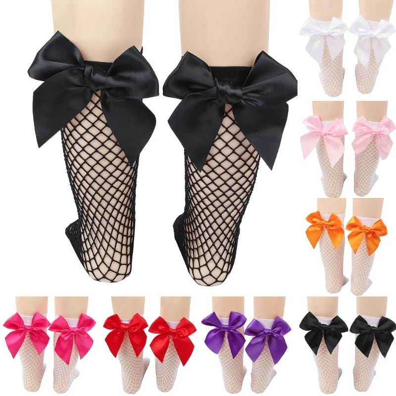 

Baby Girls Kids Mesh Socks Bowknot Fishnet Knee High Lace Fish Net Short Socks