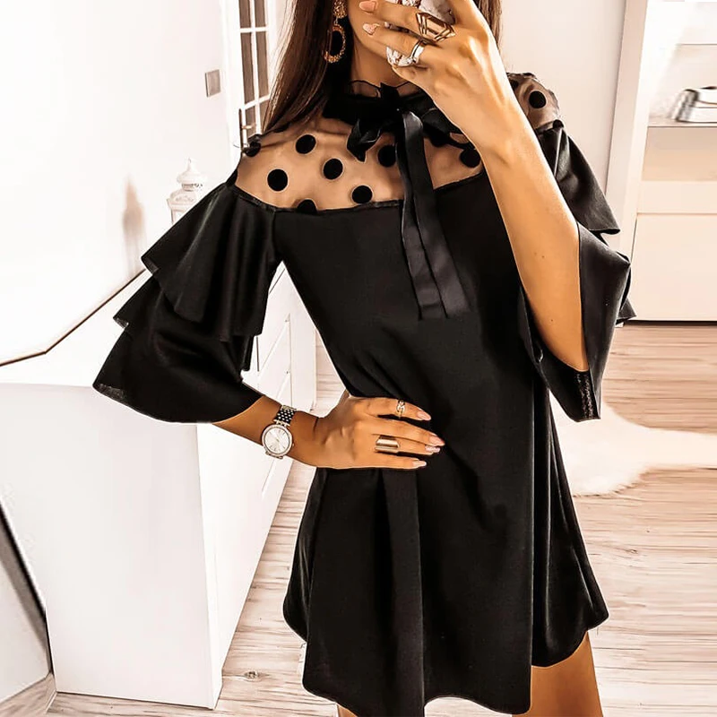 Купи New Black Summer Beachwear Boho Sexy Mesh Polka Dot See Through Ruffled Turtleneck Ruffled Sleeve Women Party Night Mini Dresses за 562 рублей в магазине AliExpress