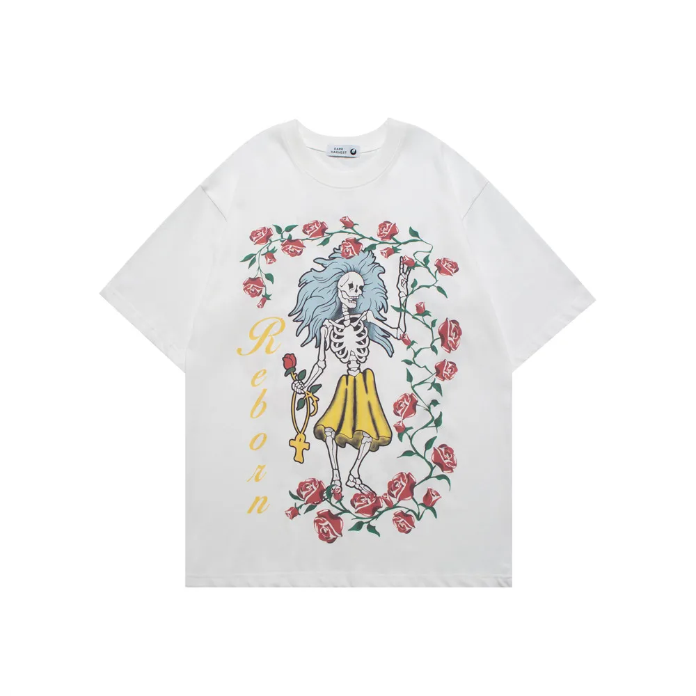 

Футболка мужская с принтом черепа, уличная одежда в стиле Харадзюку, хлопковая рубашка с короткими рукавами, с графическим принтом розы, в с...