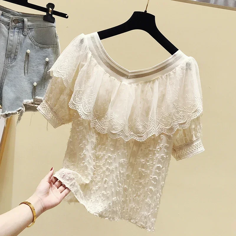 Летняя кружевная блузка для женщин Новая одежда детей с короткими рукавами и