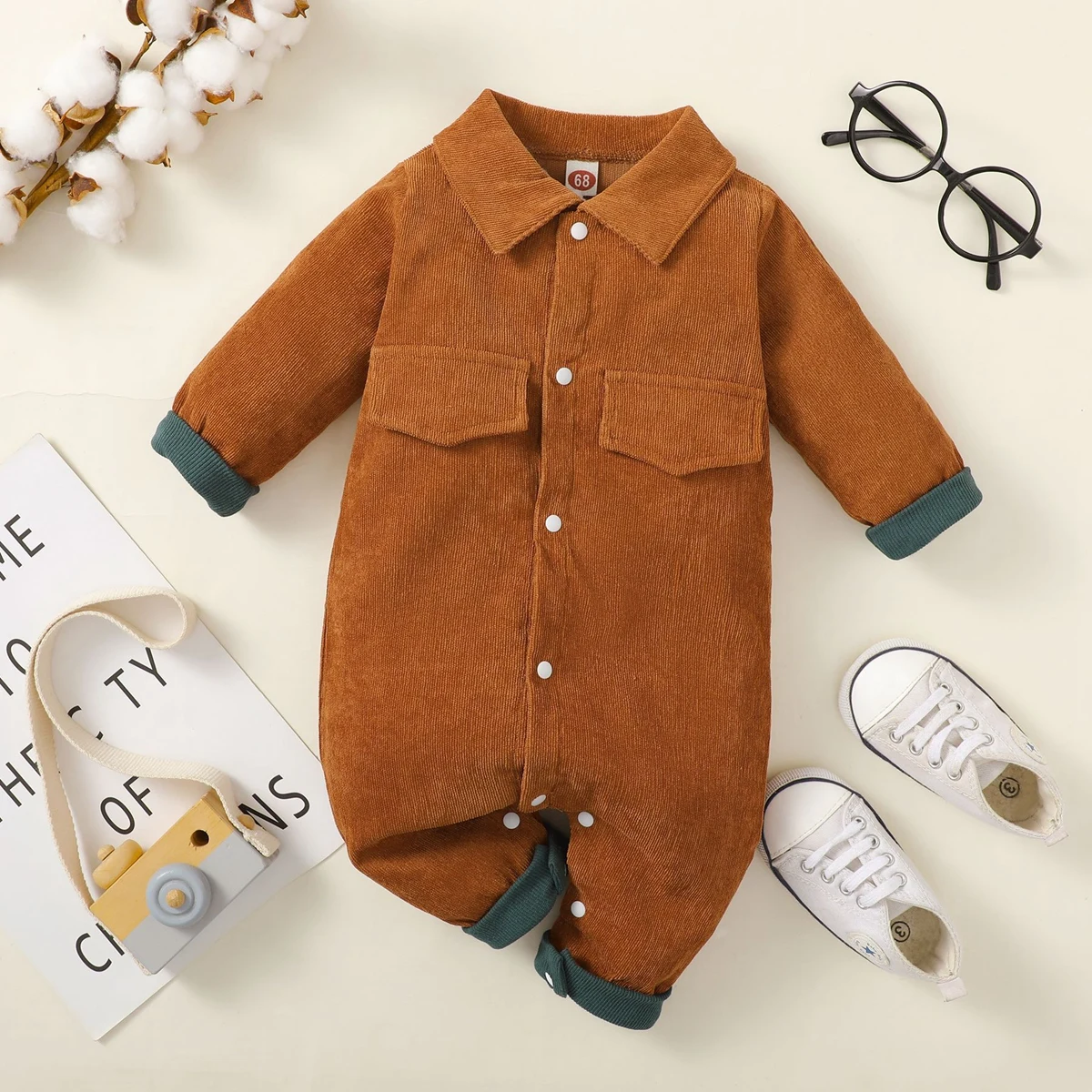 

hibobi Baby Color-block Pocket Front Long-sleeved Long-leg Lapel Romper Cute Baby Romper Warm Clothing Spring And Autumn