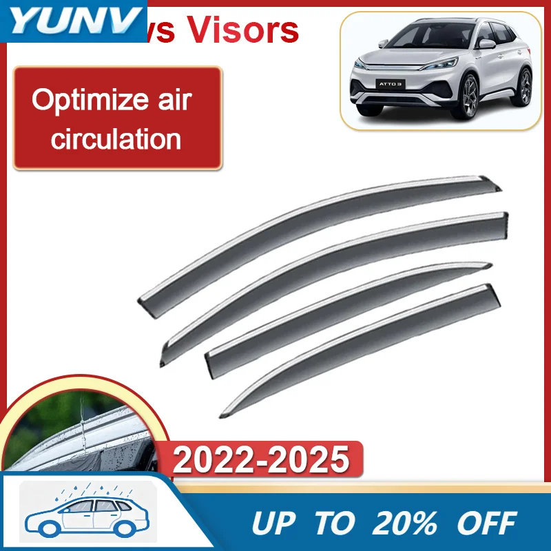 Фото Дефлектор окон YUNV для BYD Atto 3 2022-2025, защита от дождя, боковой вентиляционный дефлектор, накладка на внешнюю сторону, внешний аксессуар. №1
