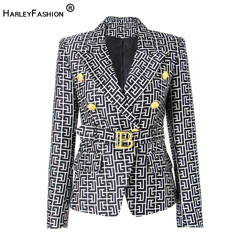 Formal Style Eourpean Designer Notched Collar Work Lady Geometrical Pattern Belt Women Quality Blazer Job Jackets
