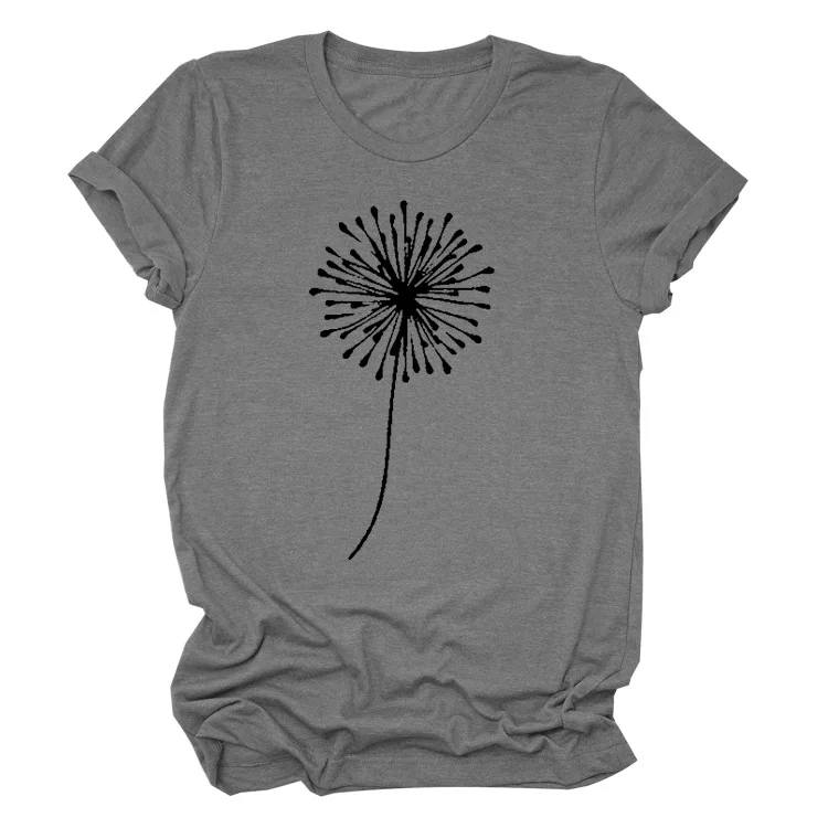 

Trendy women's dandelion print short-sleeved simple casual short-sleeved top loose round neck T-shirt gray22