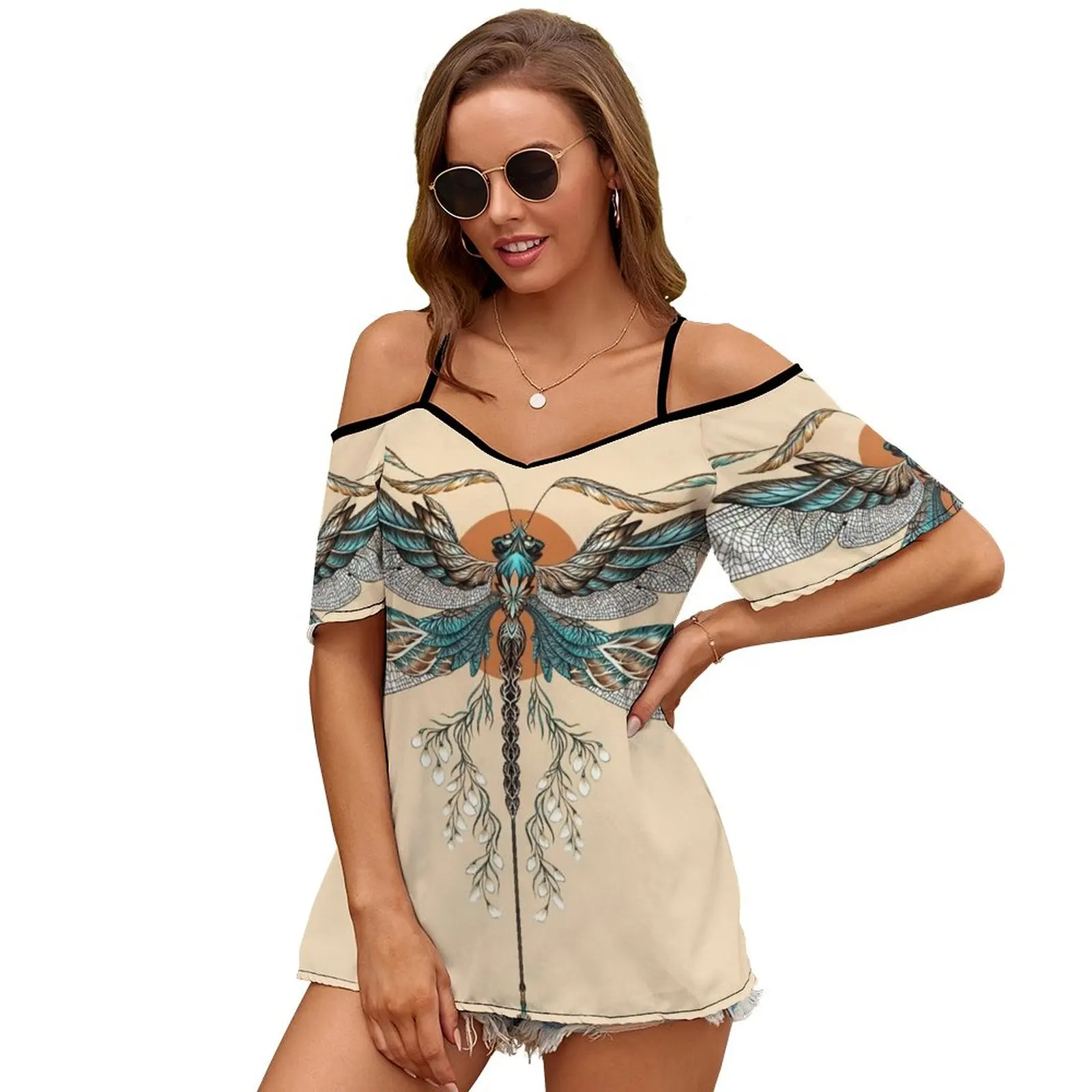 

Женские топы с коротким рукавом и тату-драконом Fly, футболки с круглым вырезом и вырезами на плечах, уличная одежда, стрекоза, дракон, тату, жук, Стрела