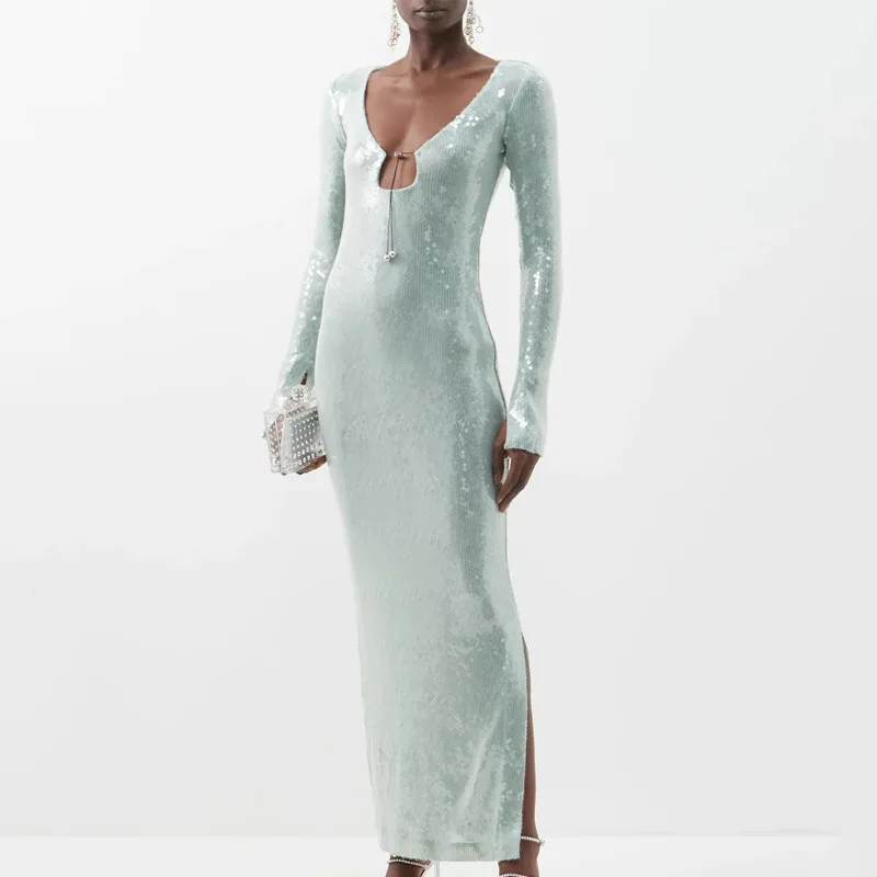 

2023 New Mint Women V Neck Mid-Calf Long Sleeve Shinning Sequines Bodycon Celebrity Fashion Red Carpet Party Dress Wholesale