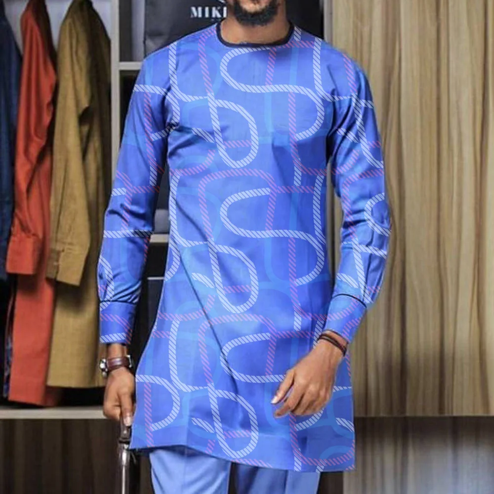 

Casual Loose Color Print T-shirt Muslim Men Long Sleeve Mid-length Shirt African Clothing Fashion Dashiki Tops For Male Islamic