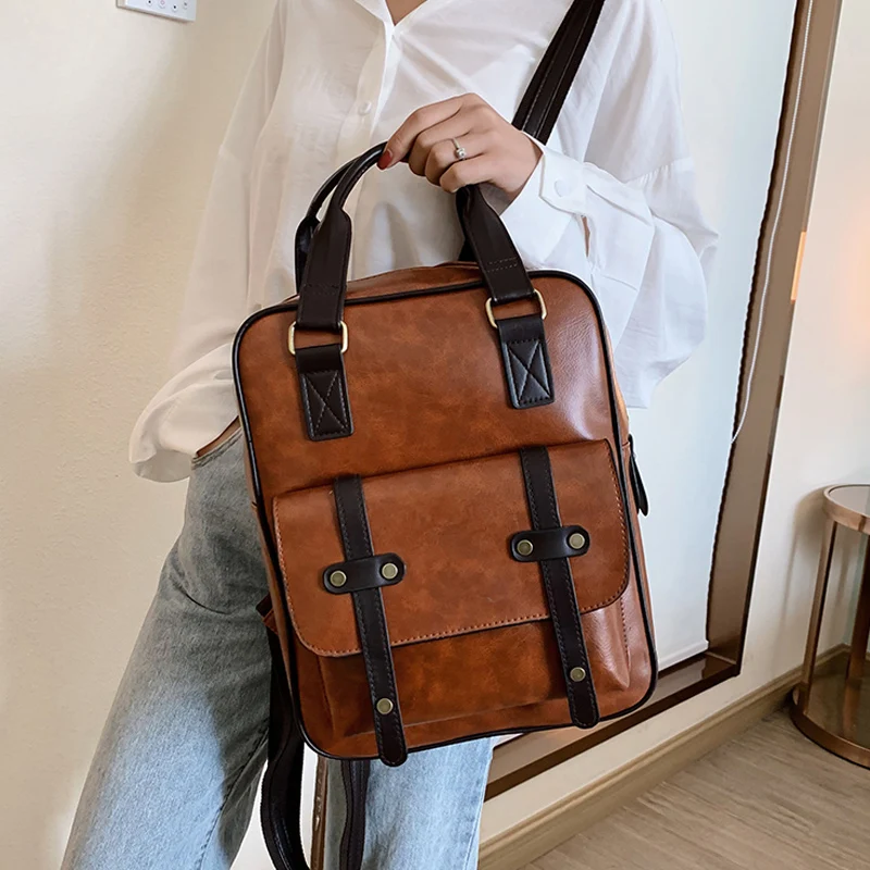 

women anti theft school bags waterproof travel vintage laptop bag College brown pu leather big backpacks women korean designer