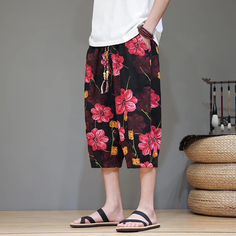 Летние новые хлопковые и льняные укороченные повседневные шорты в китайском