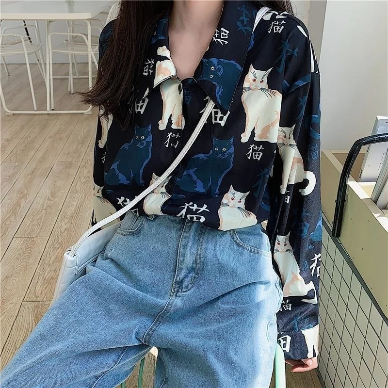 Фото Повседневные универсальные женские Blusa Top, женские винтажные блузки с принтом кота, базовые свободные шикарные дизайнерские женские рубашки с длинными рукавами №2