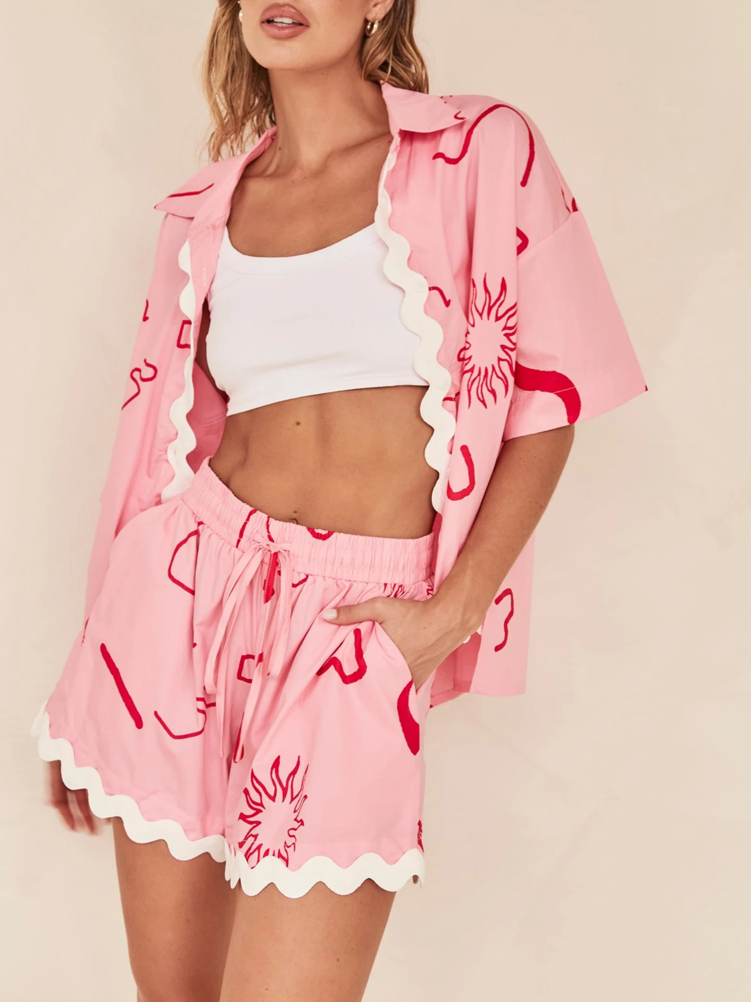 Женский летний комплект для отдыха модная футболка с коротким рукавом отворотом