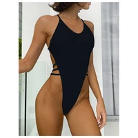 sexy solid strappy one pieces swimsuit 2022 women high leg cut swimwear backless bathing suit bandage thong monokini 2022