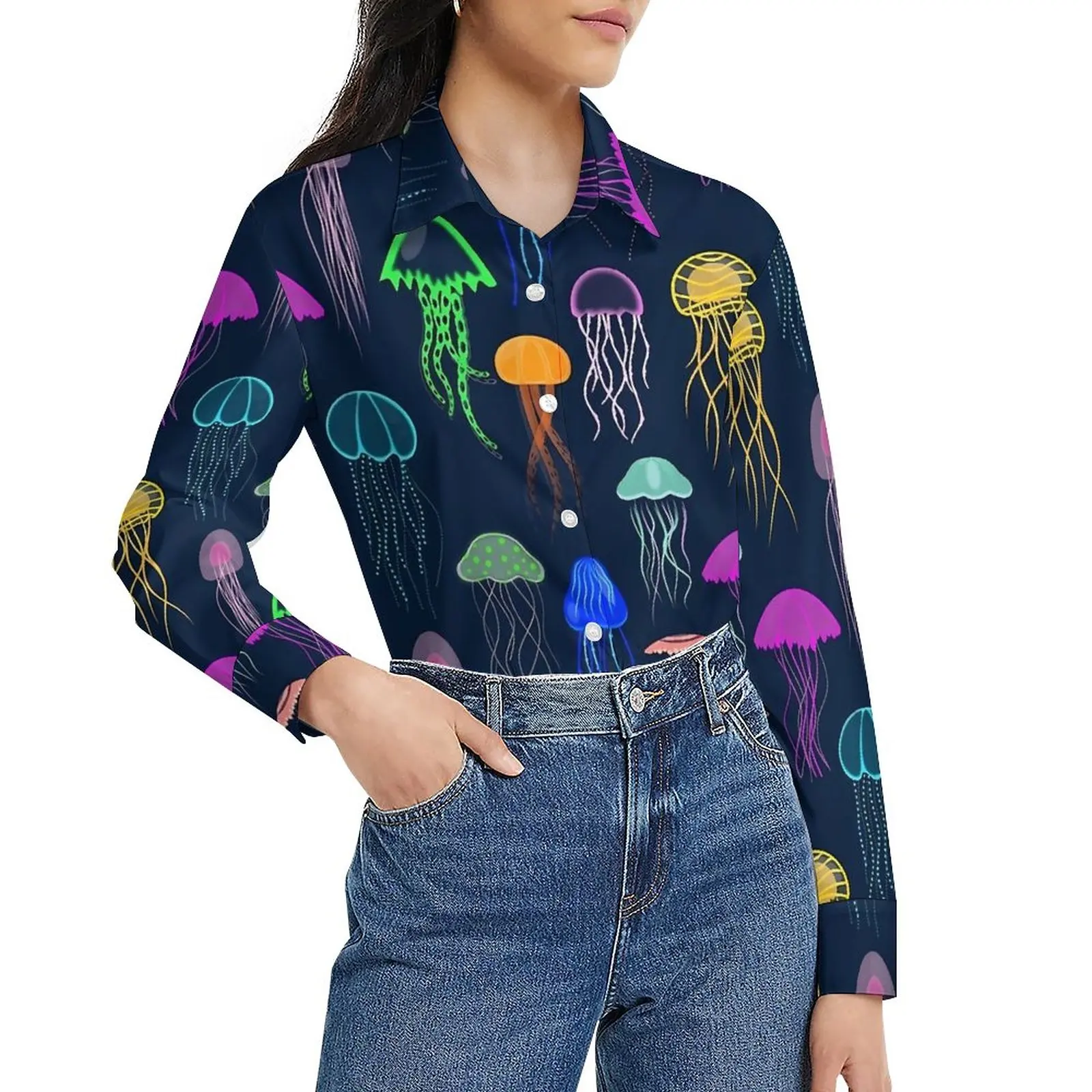 

Colorful Jellies Blouse Jellyfish Print Kawaii Custom Blouses Female Long Sleeve Casual Shirt Autumn Oversized Clothes