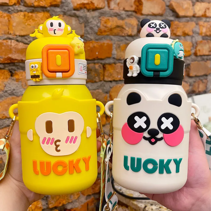 

550ML Large Capacity Cute Thermos Water Bottle with Straw Stainless Steel Coffee Travel Mug Tumbler Children